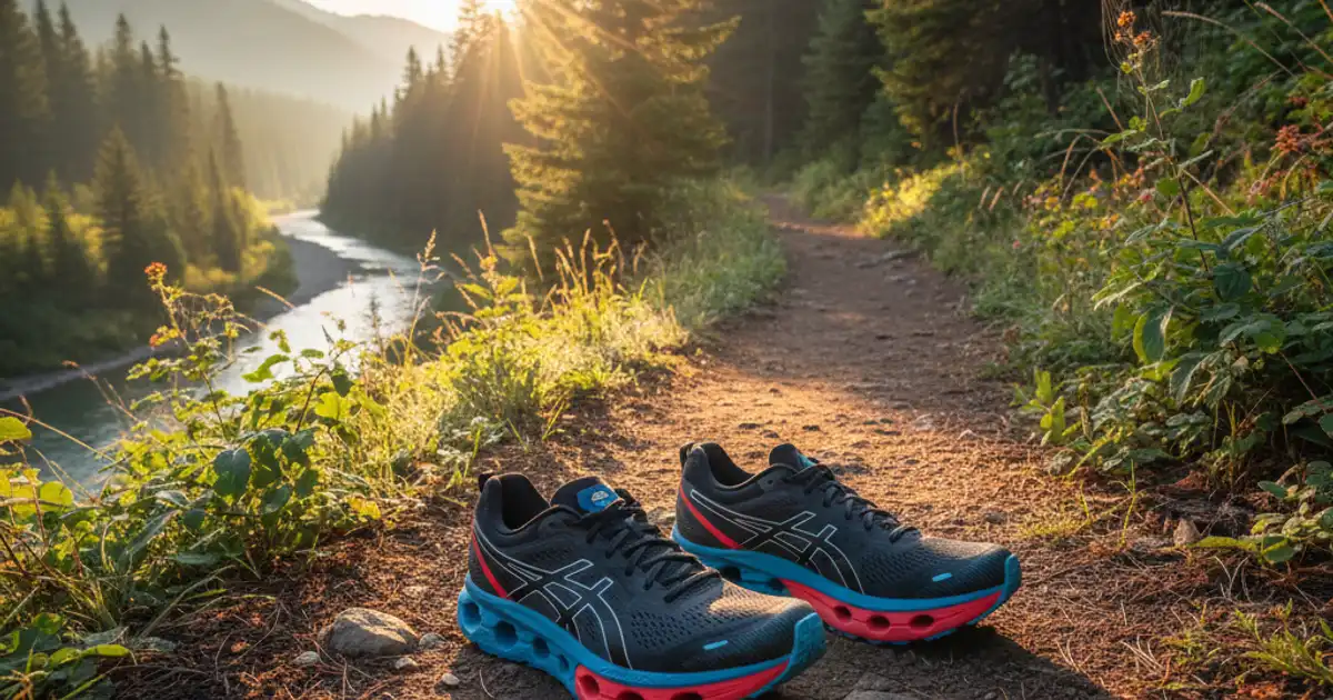 Ilustrasi sepatu lari asics di atas permukaan jalur lari