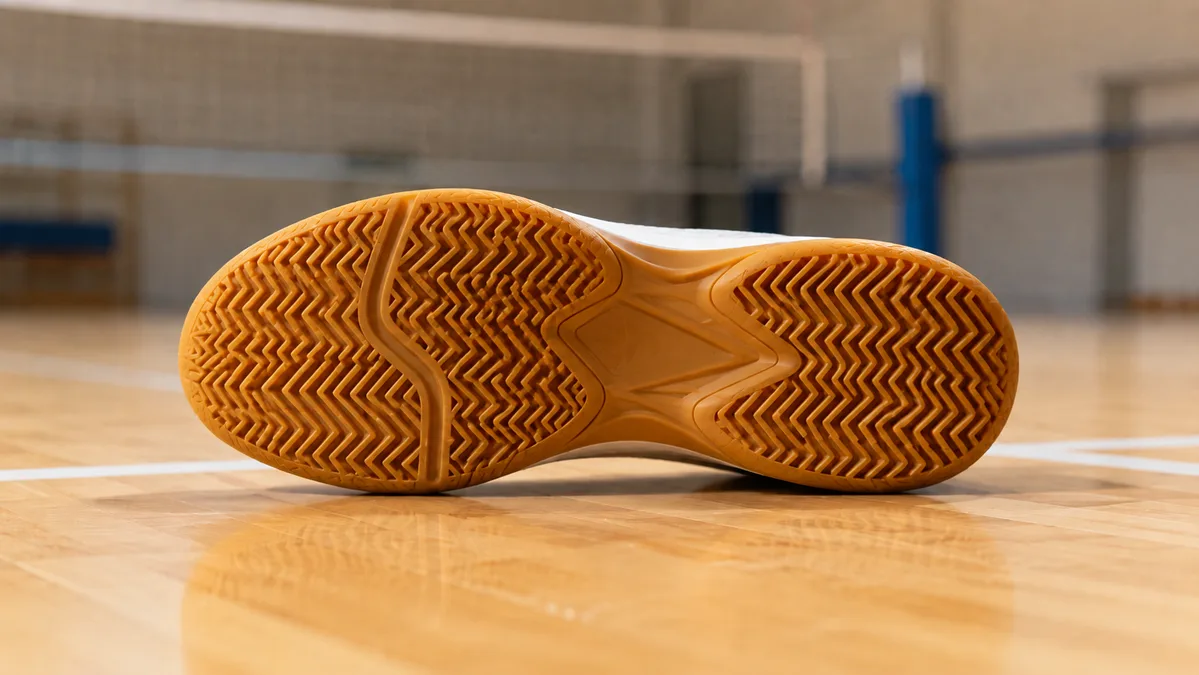 Close-up pola tapak outsole gum rubber sepatu indoor di lantai kayu