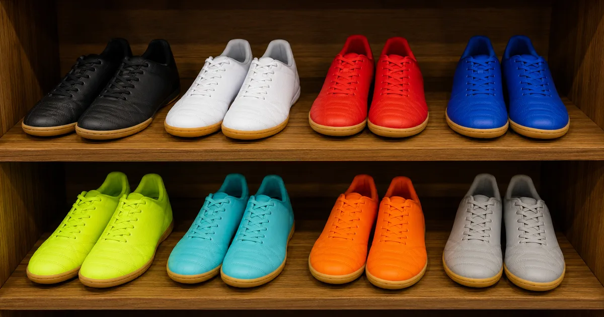 Deretan sepatu futsal indoor dari berbagai merek tersusun di rak toko