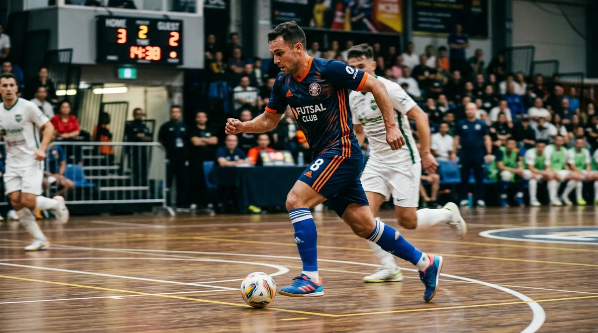 Pemain futsal action shot dengan shin guard di lapangan indoor