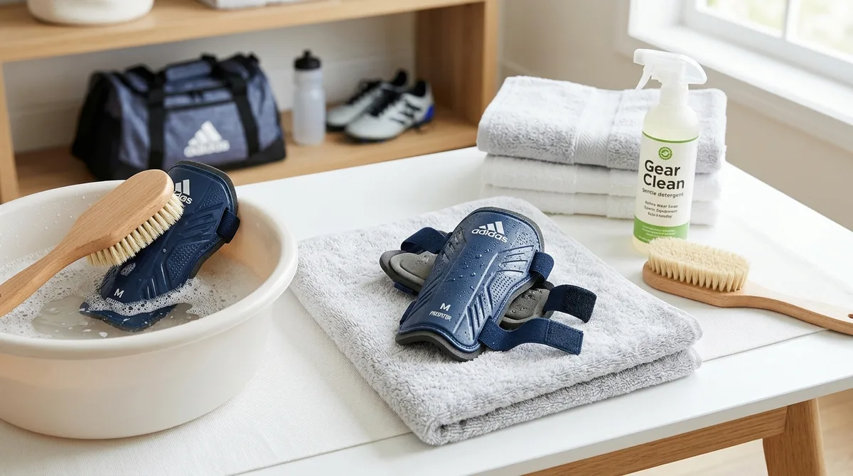 Perawatan shin guard dengan sikat lembut handuk dan deterjen khusus