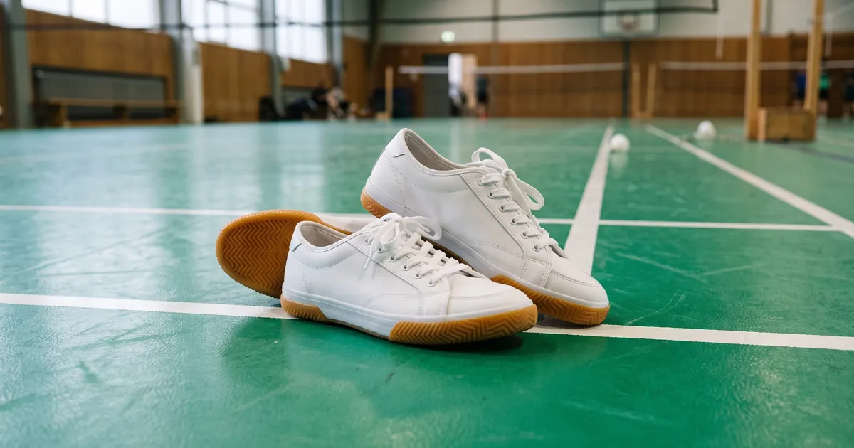 Ilustrasi sepatu badminton 2026 di atas lantai lapangan badminton