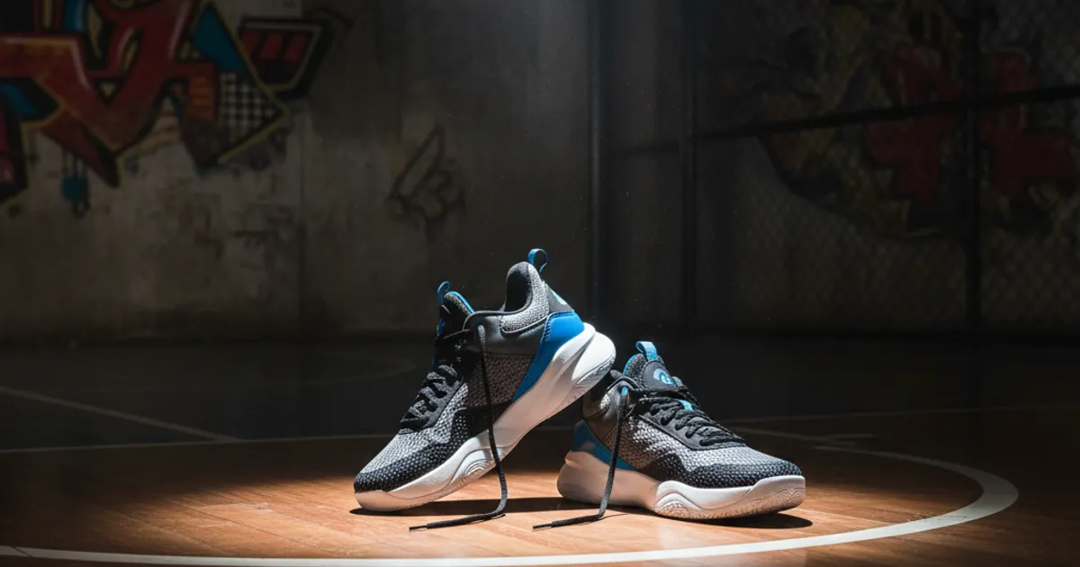Ilustrasi sepatu basket hitam di atas lantai kayu lapangan basket