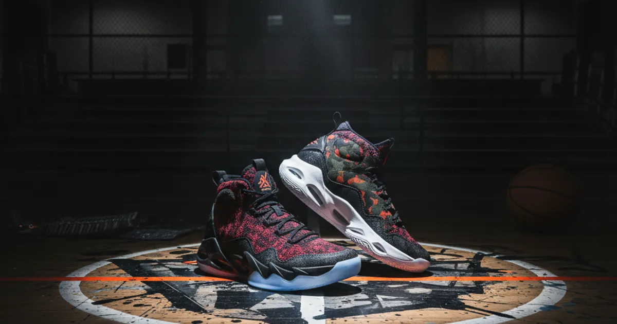 Ilustrasi sepatu basket michael jordan di atas lantai kayu lapangan basket
