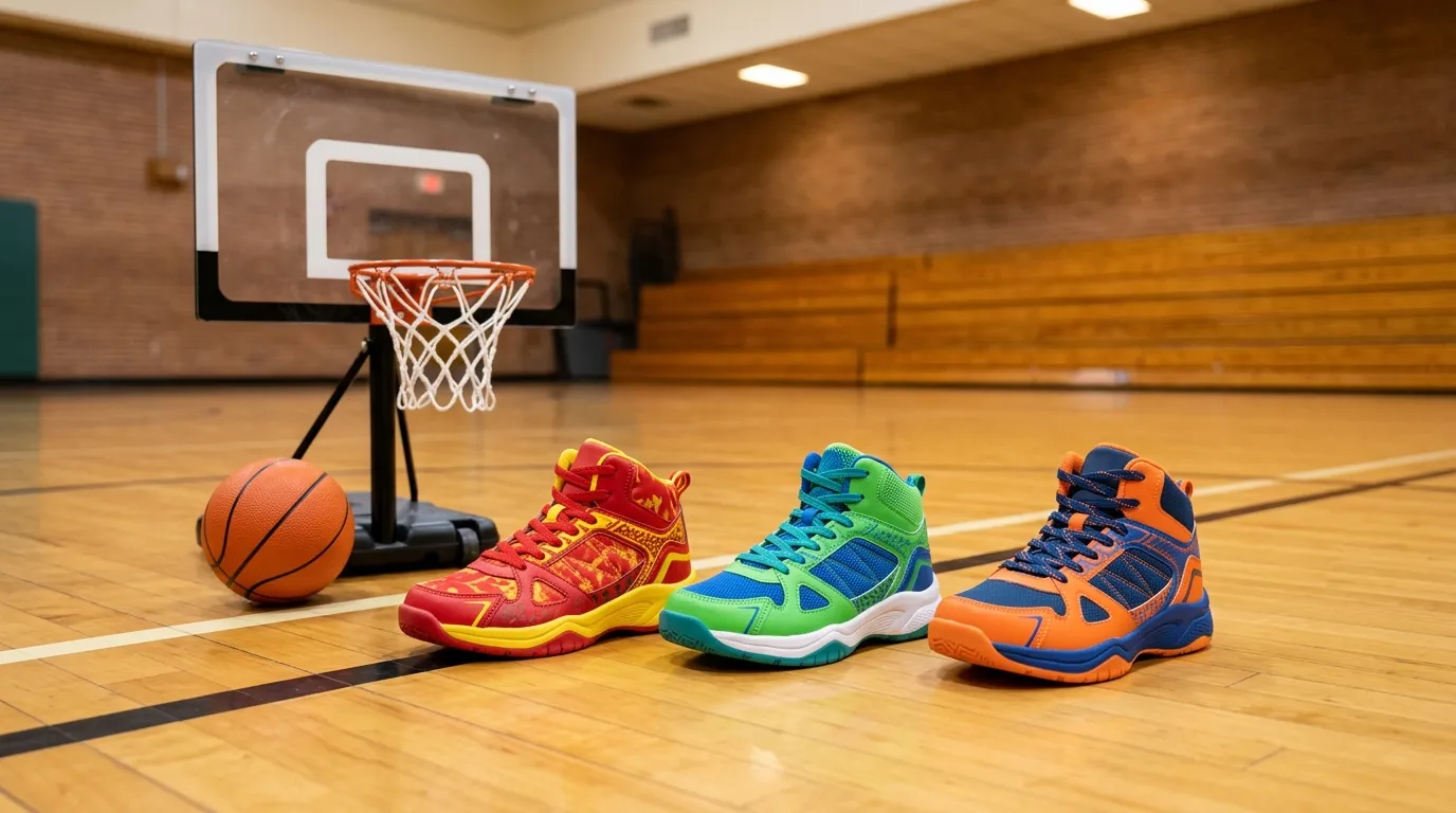 Ilustrasi pilihan sepatu basket di lapangan indoor