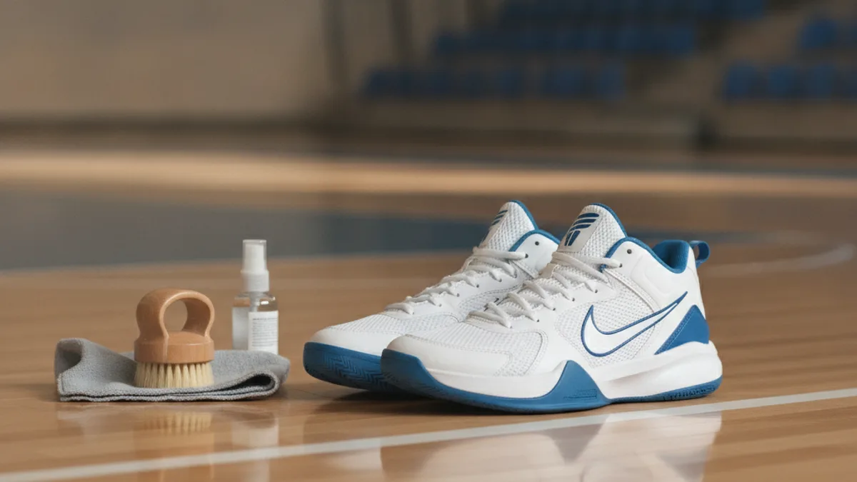Perawatan sepatu basket wanita dengan sikat lembut dan kain microfiber