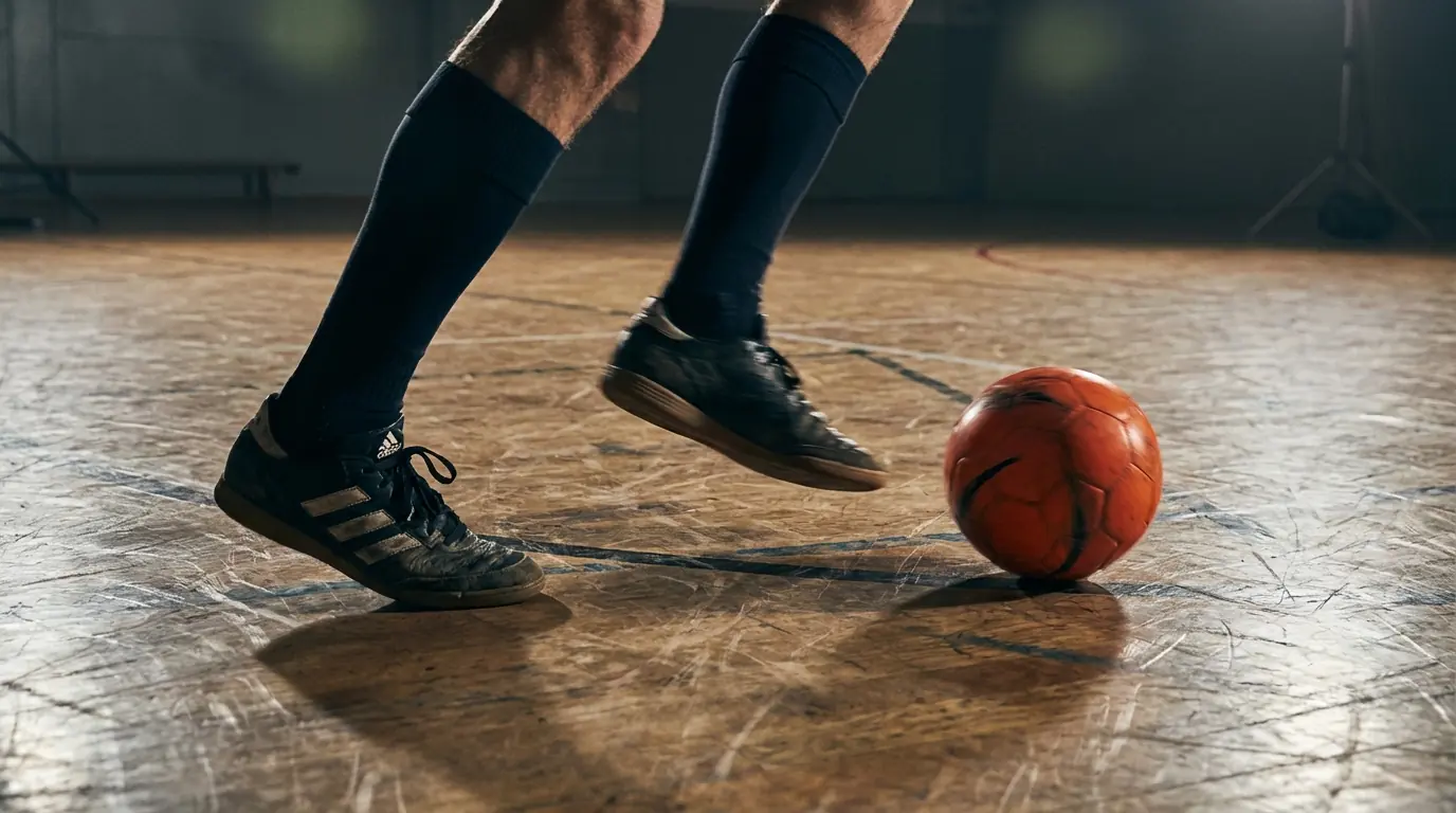 Pemain futsal menggunakan sepatu saat dribble di lapangan indoor