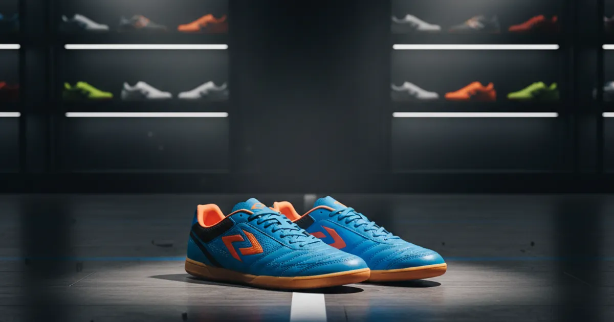 Ilustrasi sepatu futsal lokal di atas lantai lapangan futsal indoor