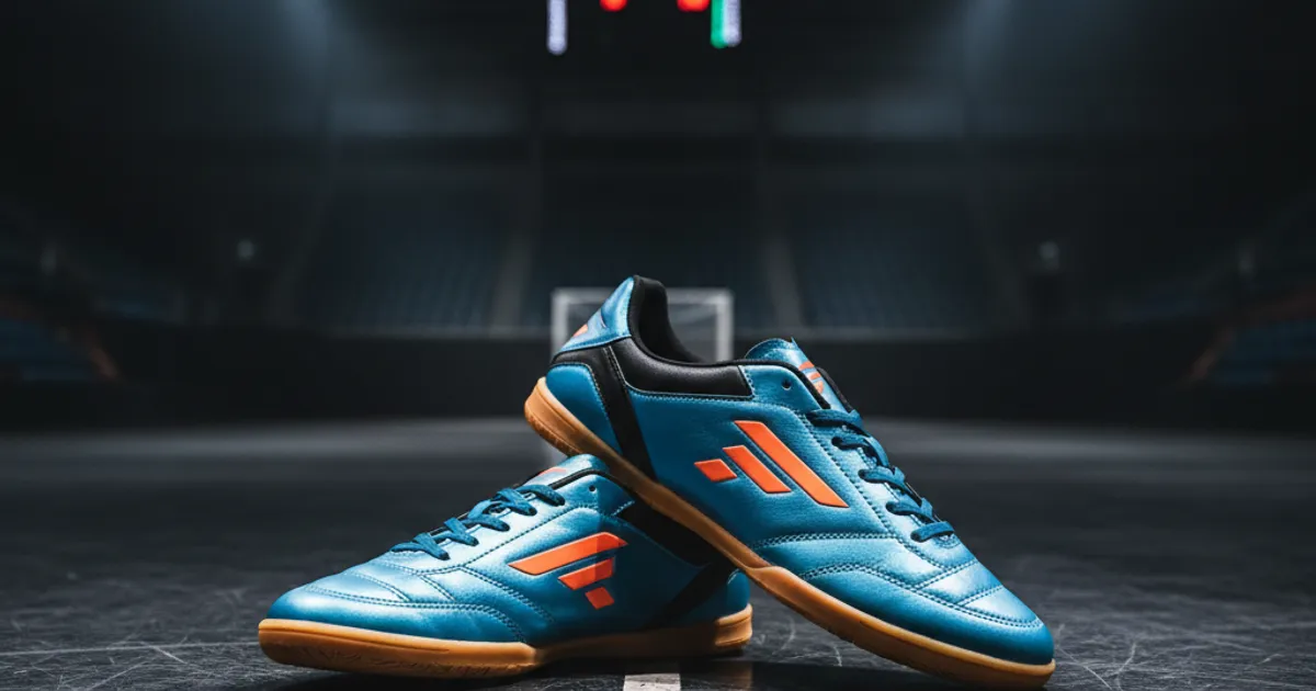 Ilustrasi sepatu futsal 50 ribuan di atas lantai lapangan futsal indoor