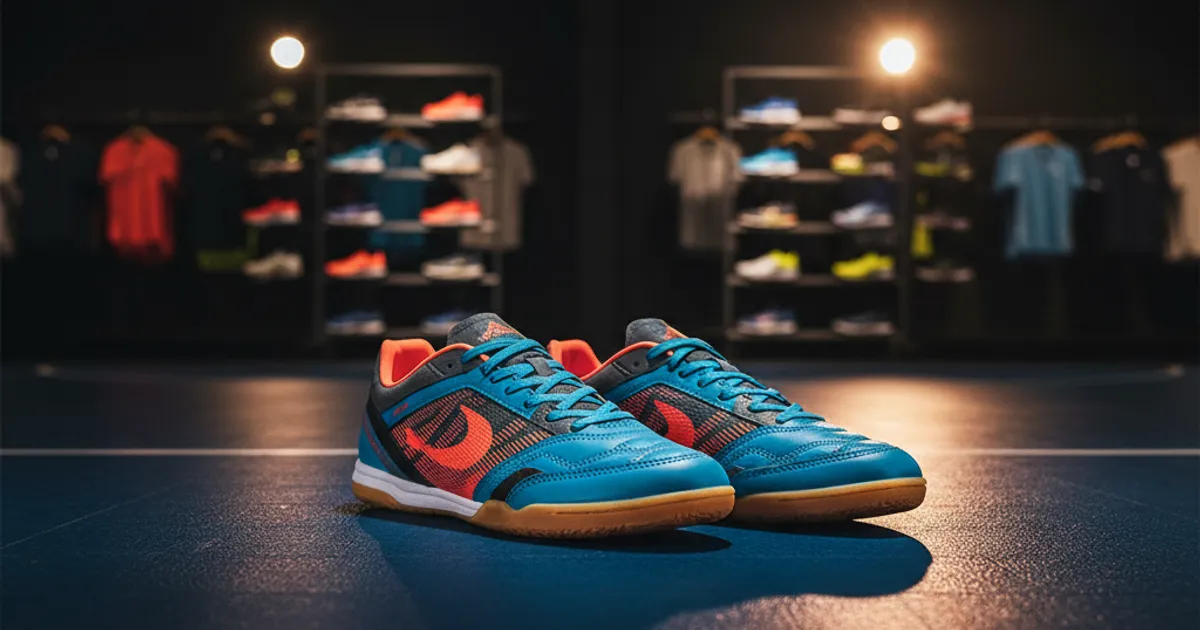 Ilustrasi sepatu futsal jogosala vanquish di atas lantai lapangan futsal indoor