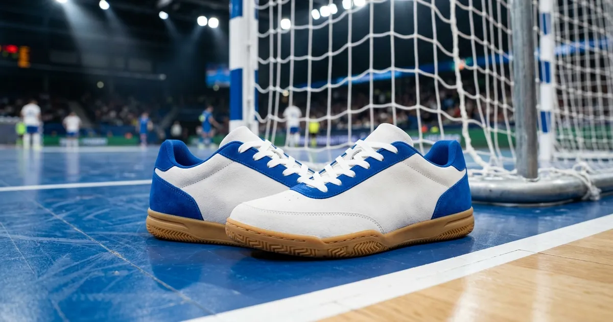 Ilustrasi sepatu futsal kelme di atas lantai lapangan futsal indoor