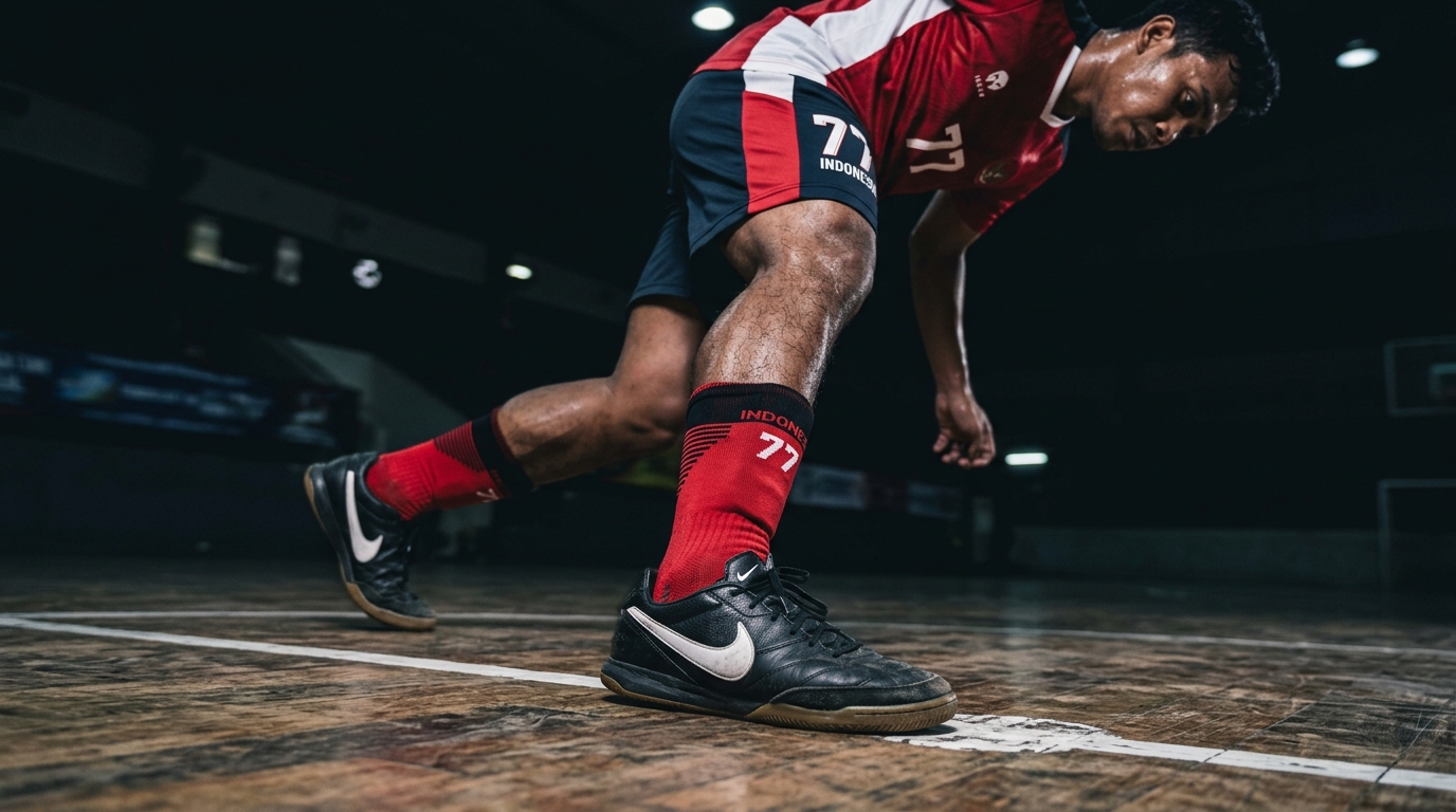 Pemain futsal Indonesia memakai sepatu futsal kulit di lapangan indoor