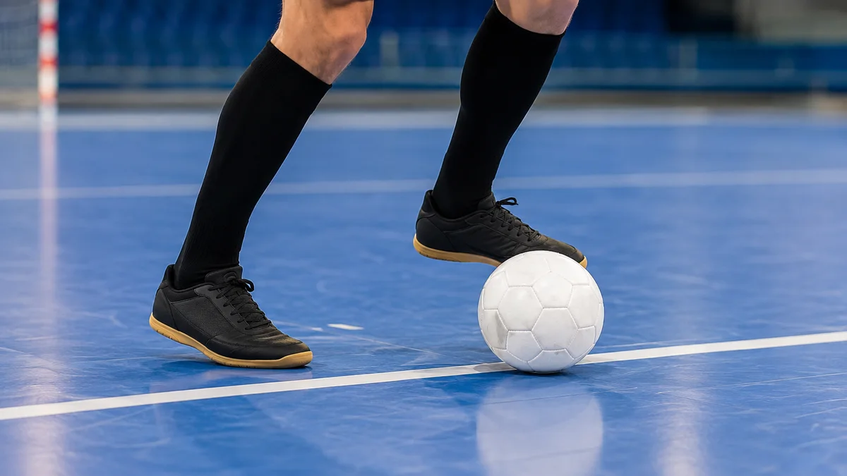 Kaki pemain futsal mengontrol bola dengan sepatu futsal generik di lapangan indoor