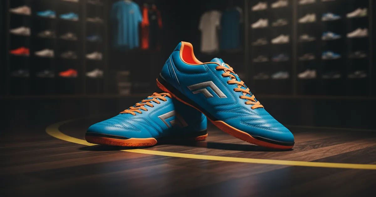 Ilustrasi sepatu futsal lotto di atas lantai lapangan futsal indoor