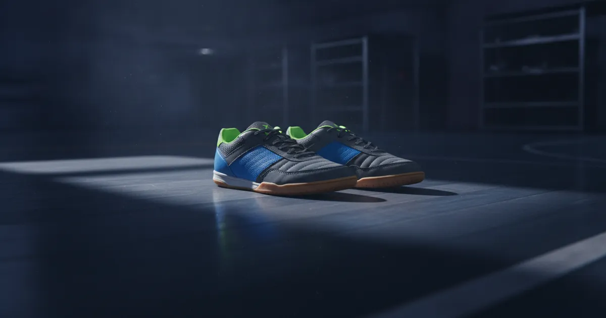 Ilustrasi sepatu futsal metasala di atas lantai lapangan futsal indoor