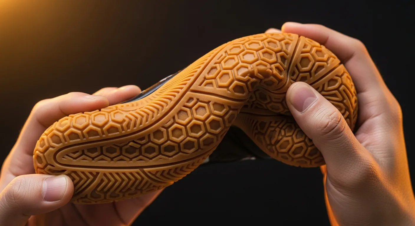 Teknologi sol sepatu futsal Mills menunjukkan fleksibilitas dan pola grip karet