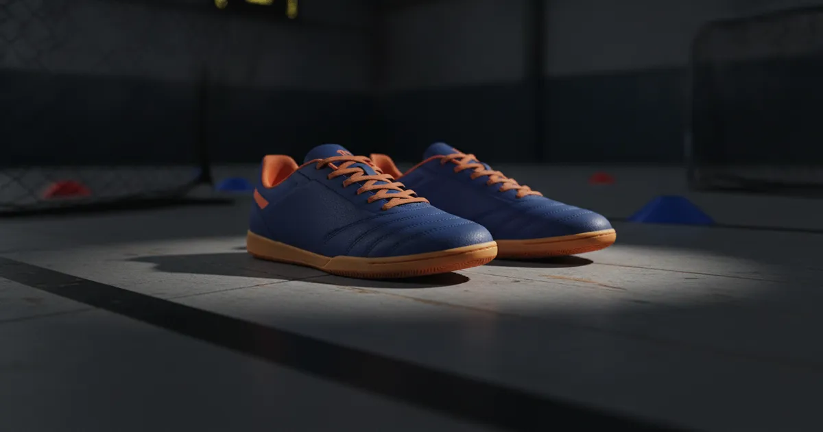 Ilustrasi sepatu futsal ortus di atas lantai lapangan futsal indoor
