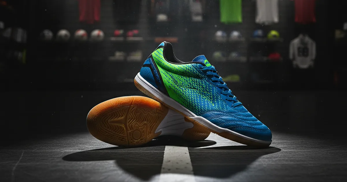 Ilustrasi sepatu futsal paling di atas lantai lapangan futsal indoor