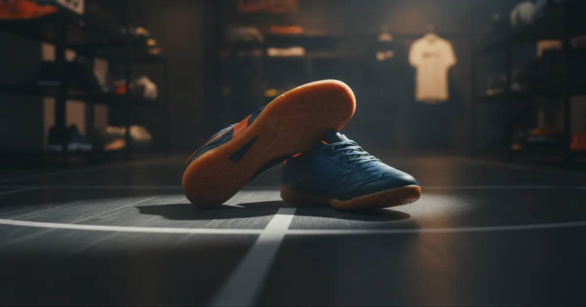 Ilustrasi sepatu futsal putih di atas lantai lapangan futsal indoor