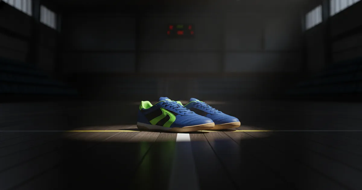 Ilustrasi sepatu futsal tanpa tali di atas lantai lapangan futsal indoor