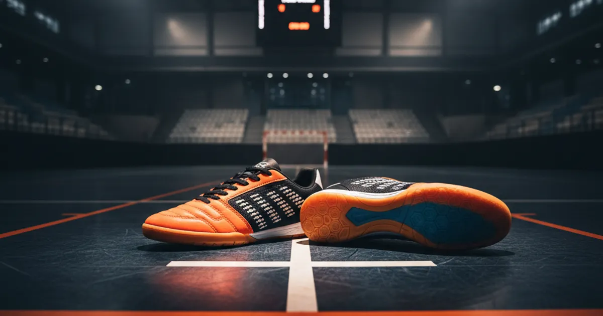 Ilustrasi sepatu futsal turf di atas lantai lapangan futsal indoor