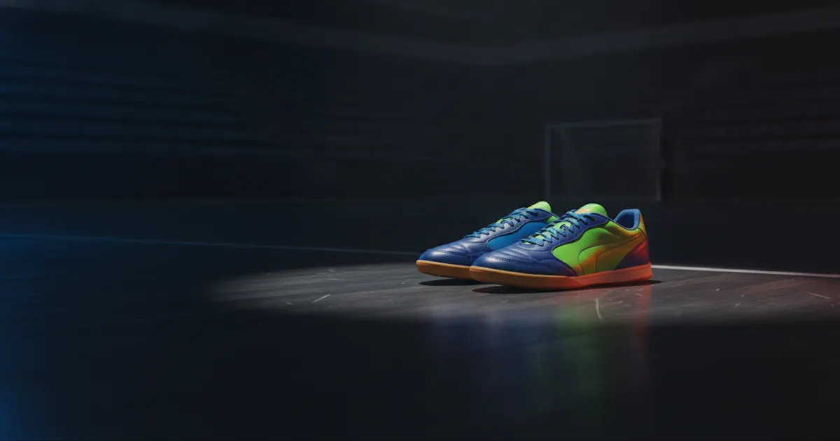 Ilustrasi sepatu futsal untuk kiper di atas lantai lapangan futsal indoor