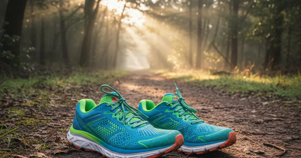 Ilustrasi sepatu lari asics di atas permukaan jalur lari