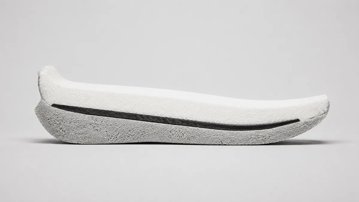 Potongan melintang midsole sepatu lari memperlihatkan pelat carbon di antara dua lapisan busa