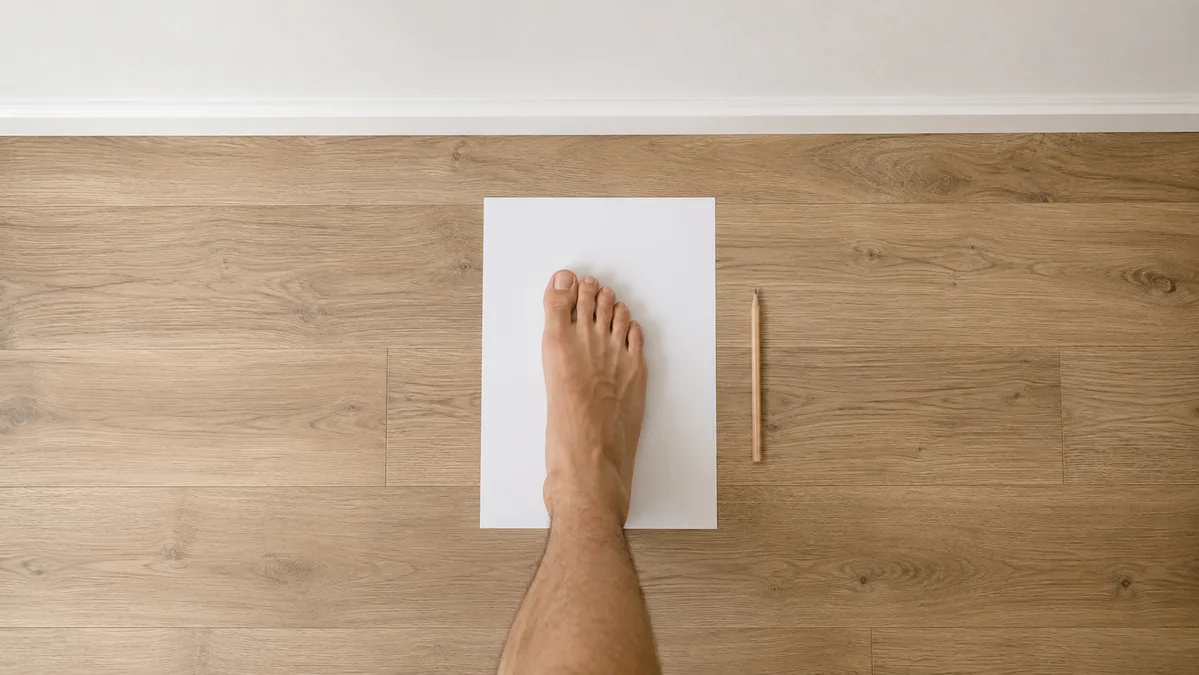 Kaki telanjang berdiri di atas selembar kertas putih di lantai dengan pensil di sampingnya