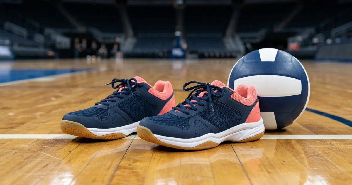 Ilustrasi sepatu voli adidas crazyflight di atas lantai lapangan voli indoor