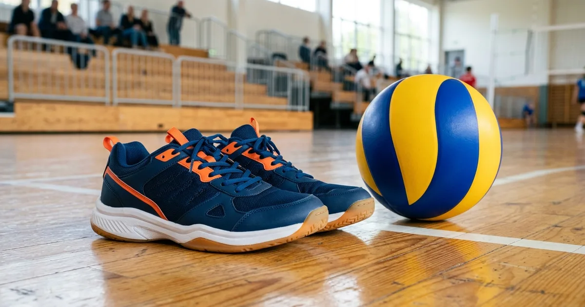 Sepatu voli Asics Netburner Ballistic FF 3 dan bola voli di lapangan indoor
