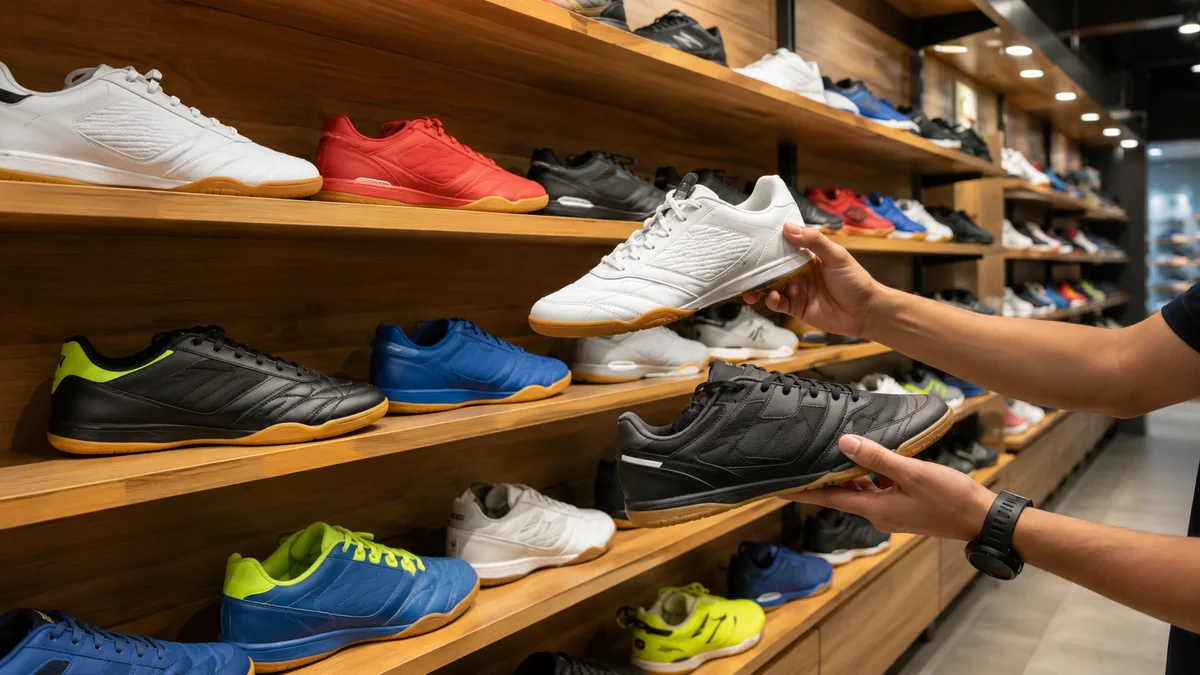 Lorong toko olahraga dengan rak sepatu futsal generik dan pembeli membandingkan dua pasang sepatu