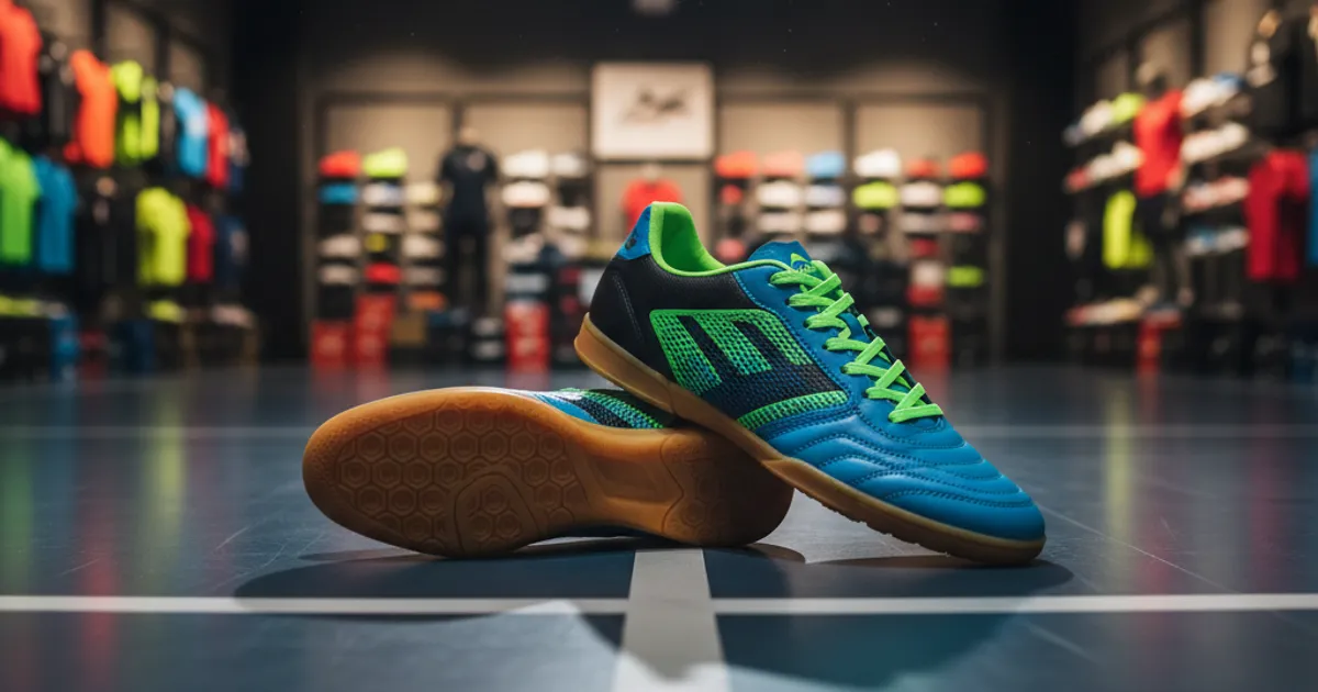 Ilustrasi sepatu futsal pekanbaru di atas lantai lapangan futsal indoor