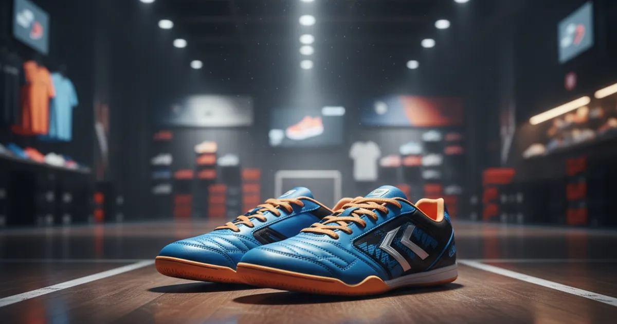 Ilustrasi sepatu futsal di atas lantai lapangan futsal indoor