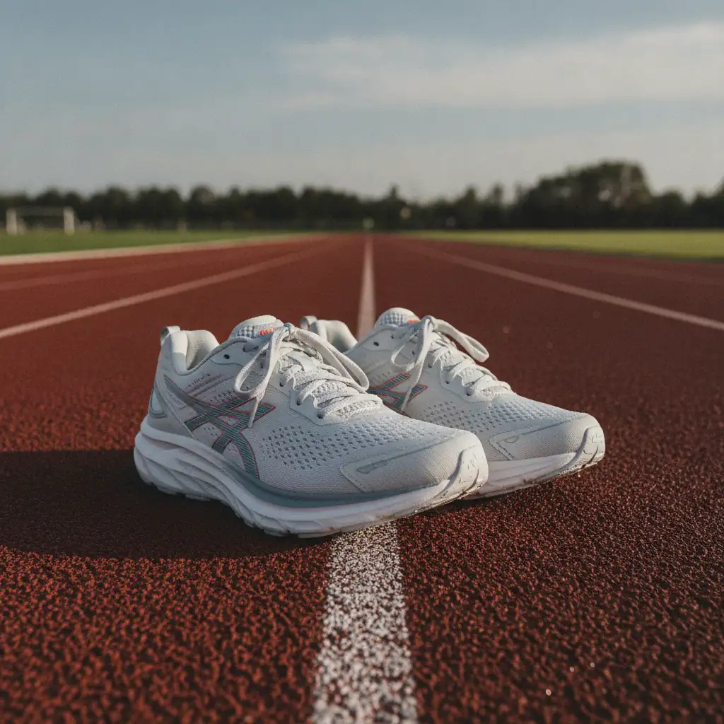 Sepasang sepatu lari netral di lintasan atletik